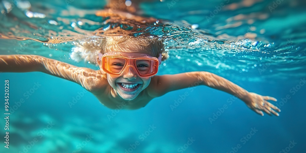 Naklejka premium A happy child swimming underwater on summer vacation.