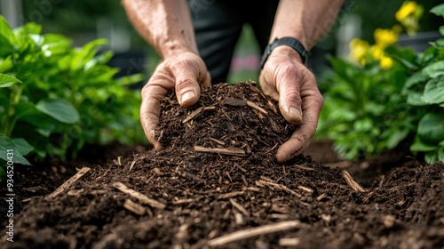 Fototapeta Naklejka Na Ścianę i Meble -  Detailed close-up view of a gardener is hands spreading wood chip mulch in a No Dig Garden. The focus is on the rich texture of the wood chips against the dark, fertile soil, with vibrant green