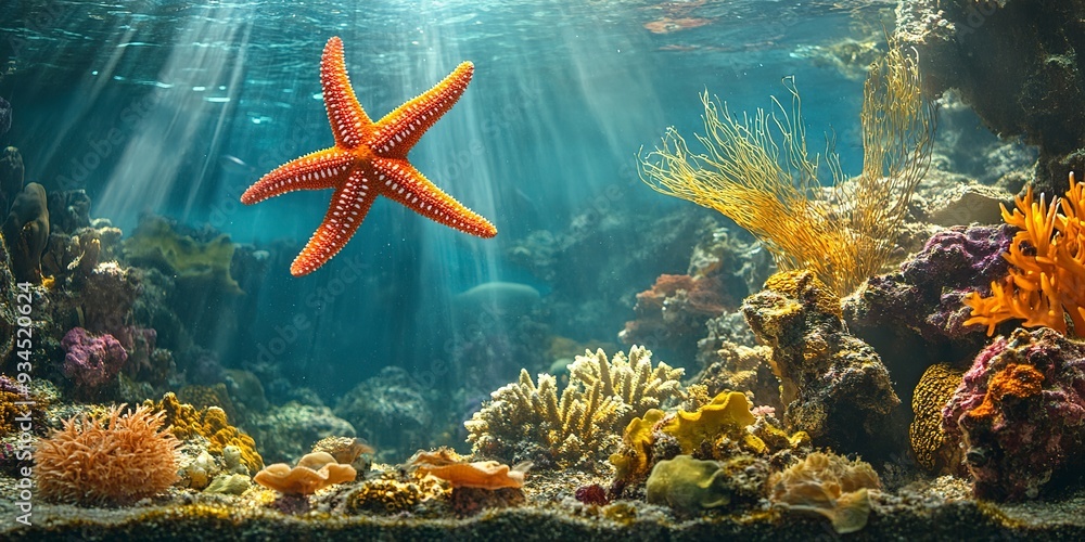 an underwater scene with a starfish and coral an underwater scene with a starfish and coral