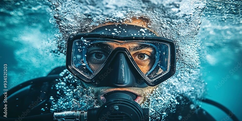 Scuba diver submerged in water, wearing a diving mask and snorkel, looking at the camera. Scuba diver submerged in water, wearing a diving mask and snorkel, looking at the camera.
