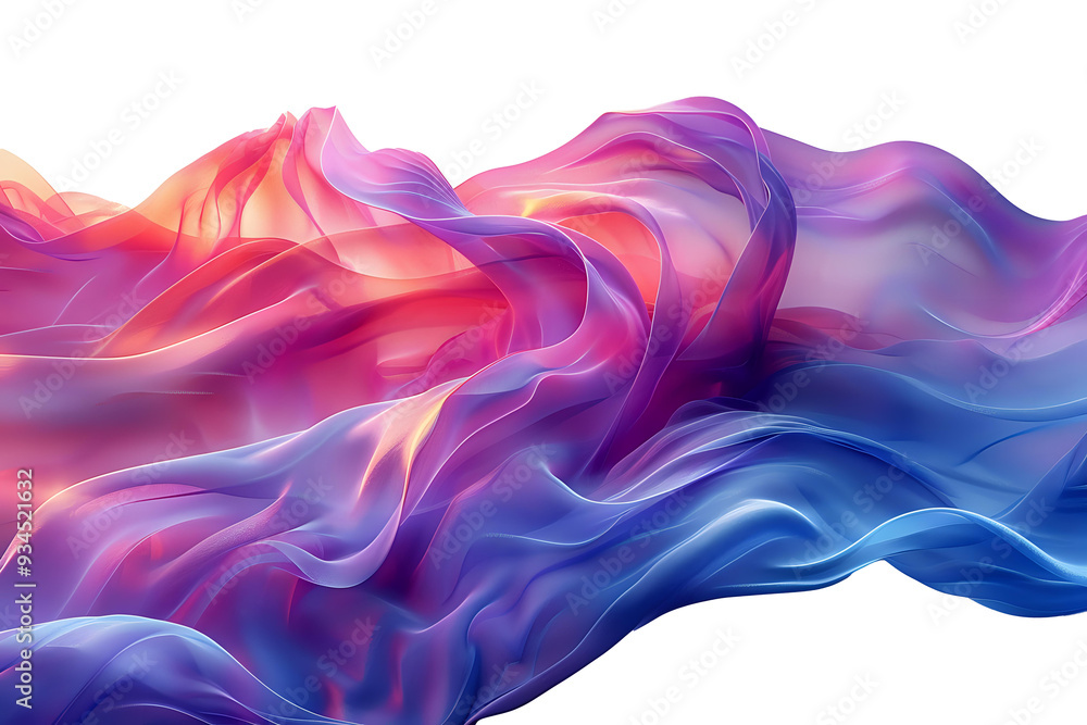 Obraz premium Abstract 3D illustration of flowing, fabric-like forms in vibrant pink, purple, and blue hues, isolated on a white background. Ideal for creative design projects, modern art, or as a dynamic backgroun