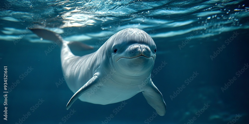 Fototapeta premium The finless porpoise swims underwater and says hello, cute