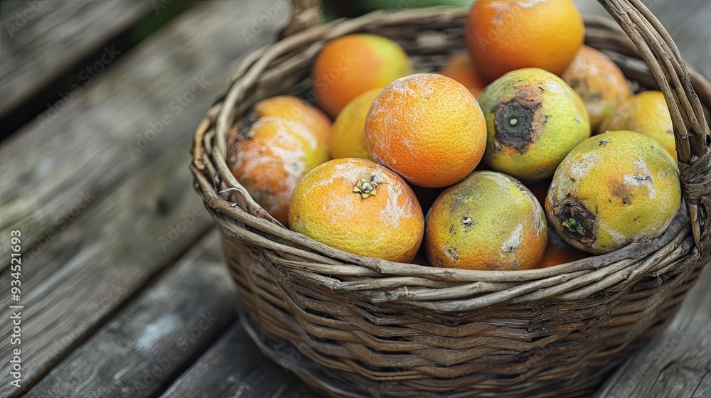 A fruit basket with overripe oranges decomposing on a wooden surface under natural lighting, showcasing earthy tones and the natural process of decay. A fruit basket with overripe oranges decomposing on a wooden surface under natural lighting, showcasing earthy tones and the natural process of decay.