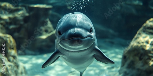 The finless porpoise swims underwater and says hello, cute.  photo