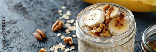 Nutritious overnight oats with banana, nuts, and honey served in a glass jar photo