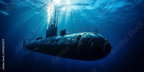 Wallpaper Mural Deep sea submarine exploration Wide angle underwater photography, side view of a submarine, showcasing its full body in the vast ocean environment  Torontodigital.ca
