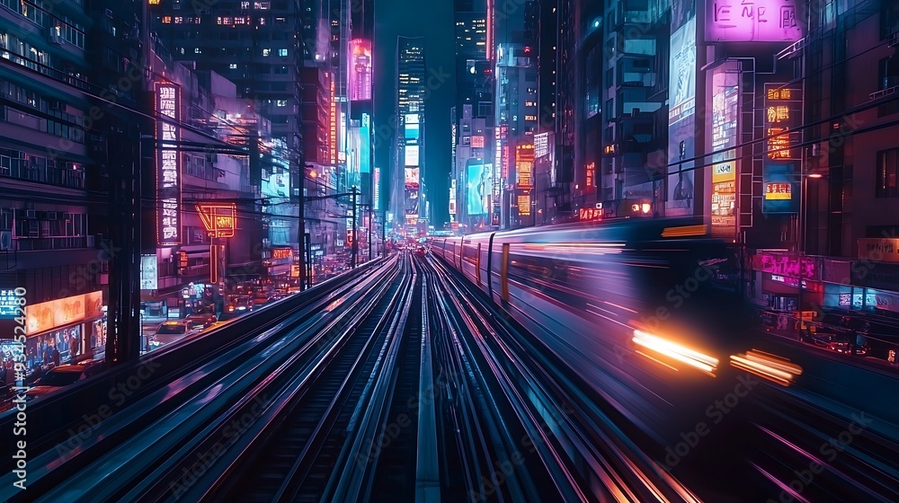 Cinematic Night Cityscape with Subway Train and Illuminated Skyscrapers Cinematic Night Cityscape with Subway Train and Illuminated Skyscrapers