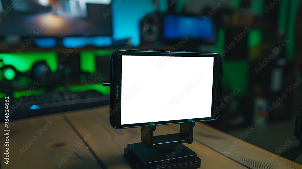 Naklejka premium Smartphone with a blank screen mounted on a stand in a tech setup environment, illuminated by green and blue lighting. Ideal for video streaming, content creation, or app presentations