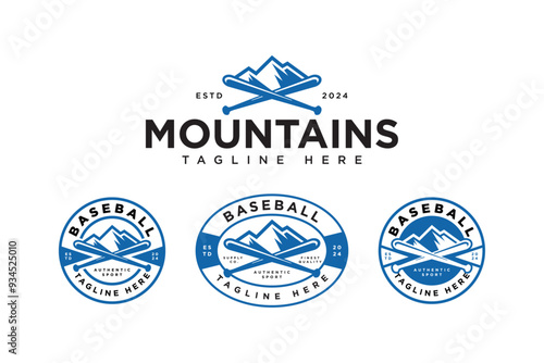 blue crossed baseball bats with mountain modern logo vector design collection for baseball sport club, tournament, t-shirt and merchandise designs 