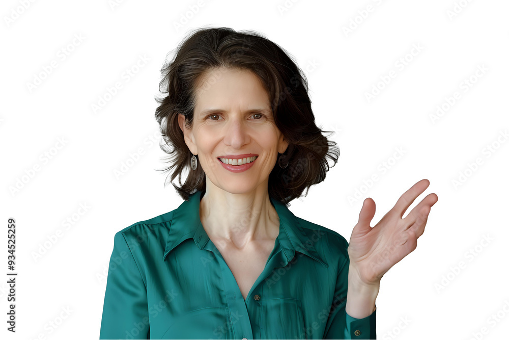 Smiling mature woman in a green shirt, isolated on a white background. Ideal for professional presentations, business websites, or promotional materials. Ready-to-use design element. Smiling mature woman in a green shirt, isolated on a white background. Ideal for professional presentations, business websites, or promotional materials. Ready-to-use design element.