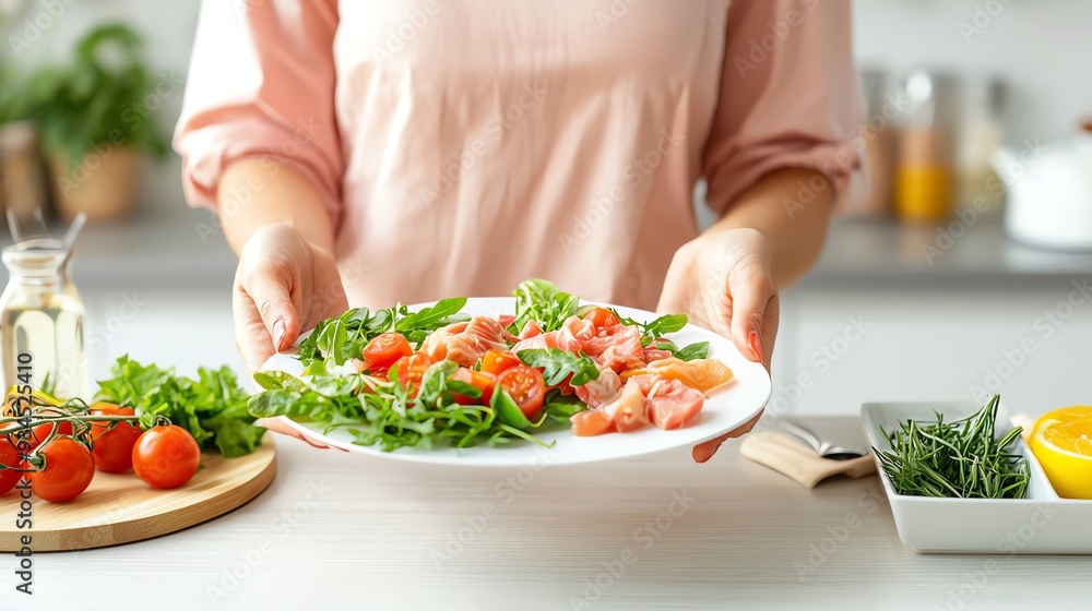 A person presenting a fresh salad plate with vibrant ingredients in a modern kitchen setting, showcasing healthy eating habits. healthy diet and daily habits concept. A person presenting a fresh salad plate with vibrant ingredients in a modern kitchen setting, showcasing healthy eating habits. healthy diet and daily habits concept.