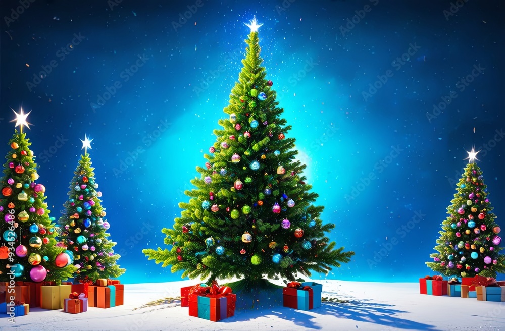 Obraz premium New Year's card with New Year's decorated Christmas trees on a snow-covered meadow