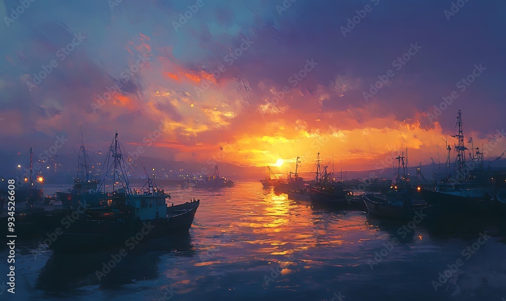 Peaceful Harbor at Dusk with Soft Twilight Hues and Boats Docked on Calm Water Peaceful Harbor at Dusk with Soft Twilight Hues and Boats Docked on Calm Water