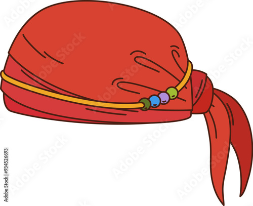 Pirate bandana, retro cartoon groovy corsair red textile headwear with beads. Isolated vector sailor head scarf, vintage rover handkerchief, filibuster costume signifies swashbuckling buccaneer spirit