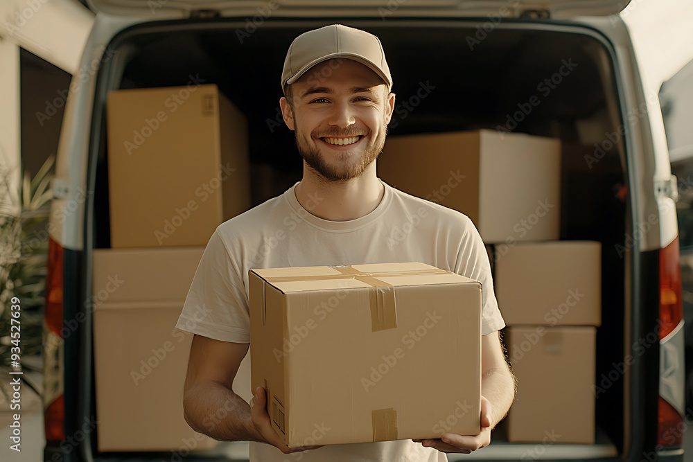 A smiling delivery man a cap holds a cardboard box in front of a van filled with packages, representing efficient and friendly delivery service.
A smiling delivery man a cap holds a cardboard box in front of a van filled with packages, representing efficient and friendly delivery service.