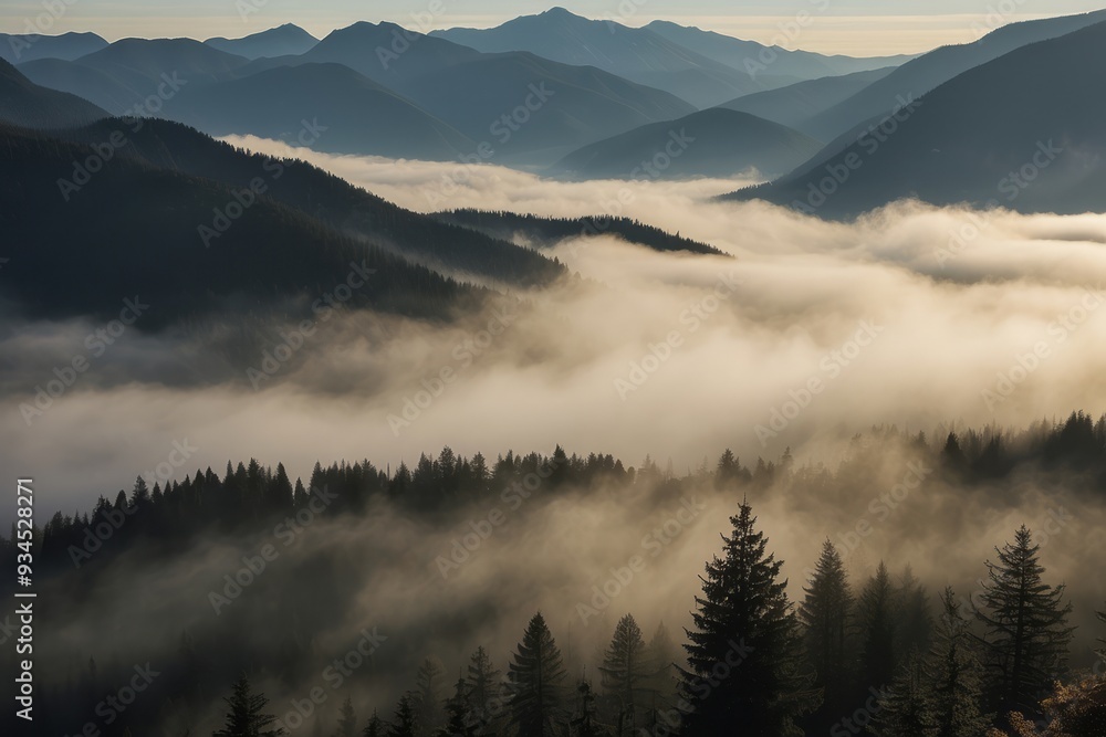 Obraz premium Foggy Mountain Landscape at Dawn with Silhouetted Trees