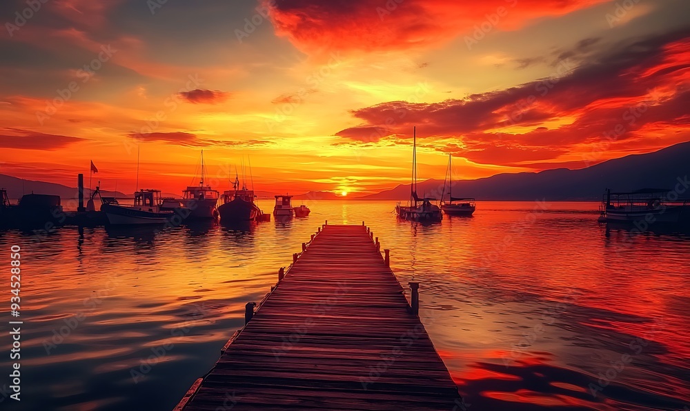Vibrant Harbor Sunset with Fiery Skies and Silhouetted Fishing Boats Vibrant Harbor Sunset with Fiery Skies and Silhouetted Fishing Boats