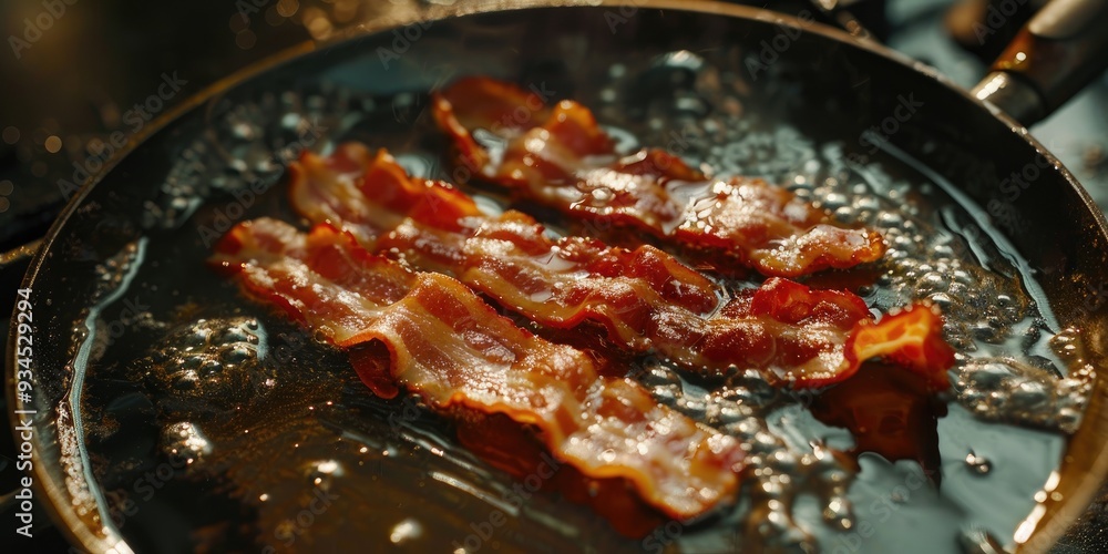 Fototapeta premium Bacon plated and ready for frying in a pan Single strip of bacon in a skillet Gourmet fast food Top notch image