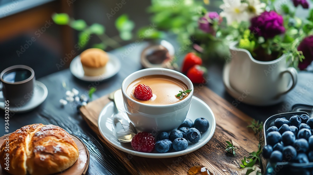 A cozy breakfast scene featuring tea, berries, flowers, and pastries, perfect for relaxation and enjoyment. healthy diet and daily habits concept. A cozy breakfast scene featuring tea, berries, flowers, and pastries, perfect for relaxation and enjoyment. healthy diet and daily habits concept.