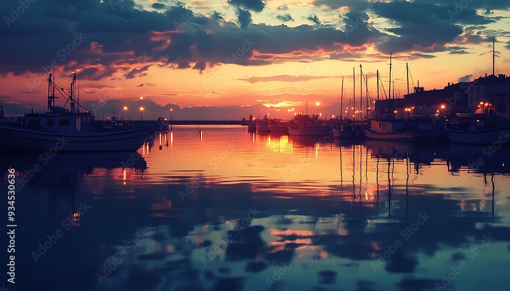 Tranquil Twilight Harbor with Indigo and Orange Sky Reflections Tranquil Twilight Harbor with Indigo and Orange Sky Reflections