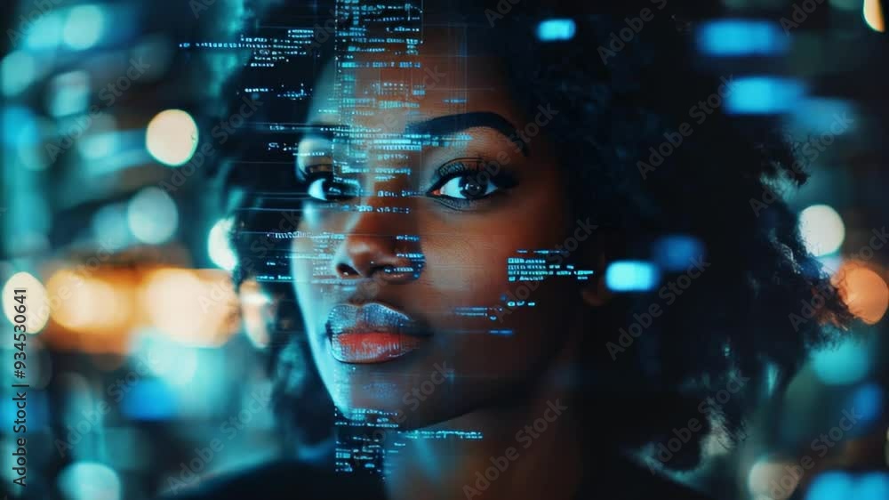 black woman with projection of digital code on face,technology and future.Dark background.Concept of digital future,learning with artificial intelligence, digital technical education. black woman with projection of digital code on face,technology and future.Dark background.Concept of digital future,learning with artificial intelligence, digital technical education.