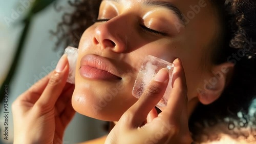 Young woman is using ice cubes as a natural remedy for skin tightening, embracing the benefits of cold therapies for a refreshed and revitalized complexion