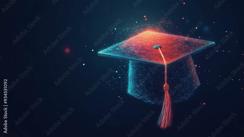 A digital representation of a graduation cap made of interconnected glowing lines and nodes. A digital representation of a graduation cap made of interconnected glowing lines and nodes.