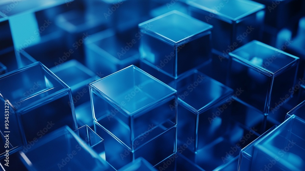Obraz premium Abstract composition of blue transparent glass cubes arranged in a geometric 3D pattern.