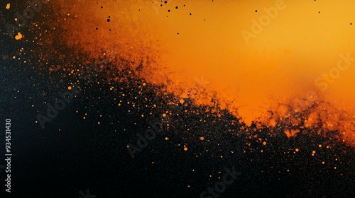 An abstract painting featuring bold black and orange textured brush strokes blending together.