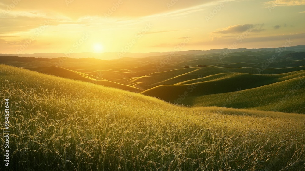 A serene sunset illuminating rolling green hills covered in blooming white wildflowers. A serene sunset illuminating rolling green hills covered in blooming white wildflowers.