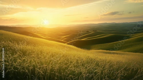 A serene sunset illuminating rolling green hills covered in blooming white wildflowers.