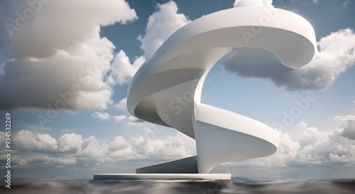 A floating blank mockup with spiraling strcase in clouds evoking disorientation and potential Concept Surreal Photography Floating Mockup Spiraling Staircase Disorientation Cloudy Atmosphere 4k animat photo