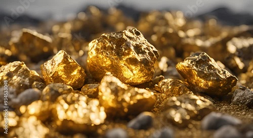 Closeup of pure gold ore large nugget in mining setting Concept Gold Mining Nugget Closeup Precious Metal Mining Setting 4k animation