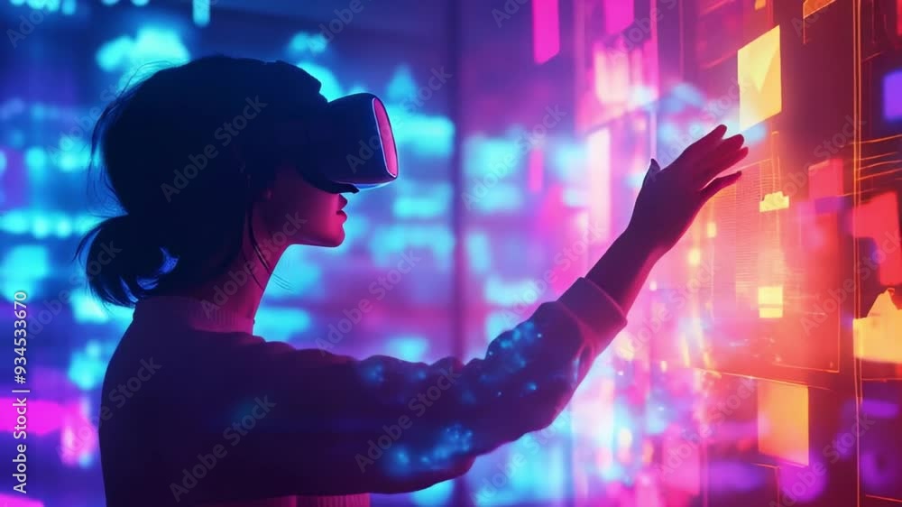 Woman wearing VR headset interacting with a virtual interface in a colorful, neon-lit room. Concept of future ai technology and virtual reality. Woman wearing VR headset interacting with a virtual interface in a colorful, neon-lit room. Concept of future ai technology and virtual reality.