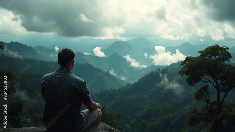 Fototapeta premium Back view of a sitting man observing the hills covered with rainforest, low clouds