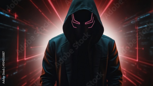 Hooded Figure with Neon Mask in Red-Lit Environment