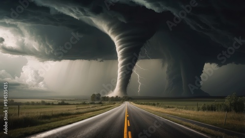 Tornado Funnel Cloud Approaching a Country Road with Lightning