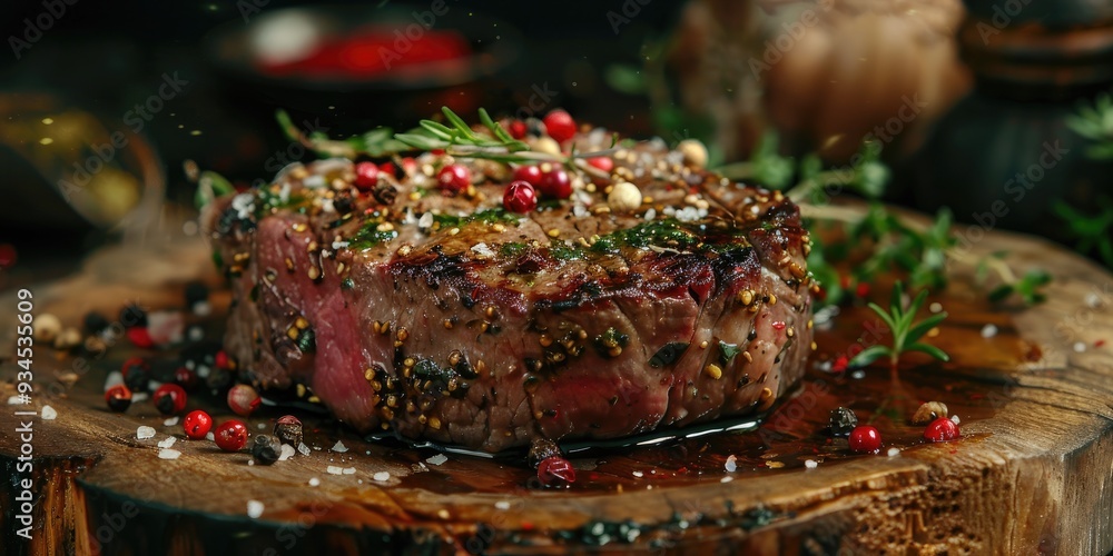 Pepper Crusted Beef Steak Cooked to Perfection Served with Herbs and Spices on a Rustic Wooden Platter Pepper Crusted Beef Steak Cooked to Perfection Served with Herbs and Spices on a Rustic Wooden Platter