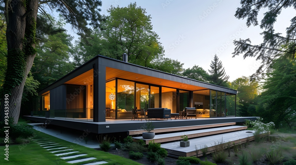 Capture the tranquility of a modern house in the heart of nature AI generated illustration Capture the tranquility of a modern house in the heart of nature AI generated illustration