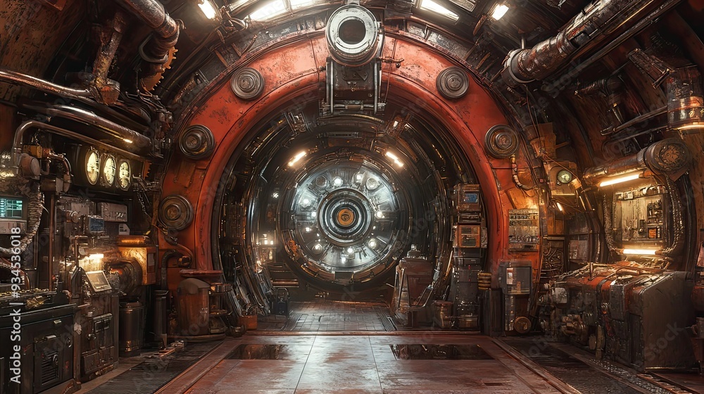 Obraz premium Rusty Industrial Corridor with Glowing Circular Portal