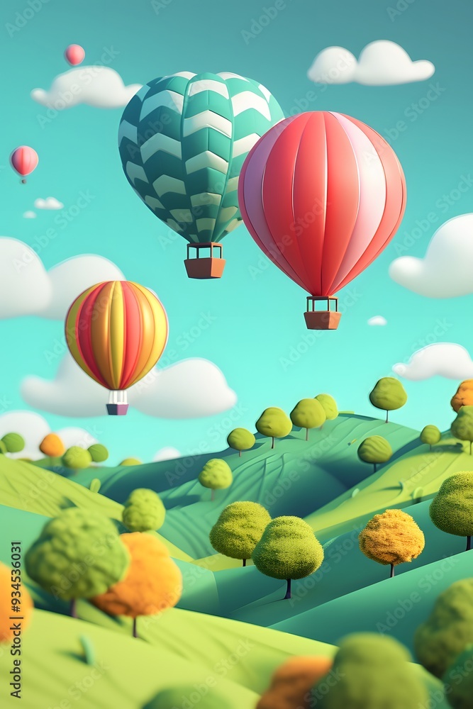 Obraz premium Cartoonish hot air balloons over a hilly abstract landscape in a 3D style AI generated illustration