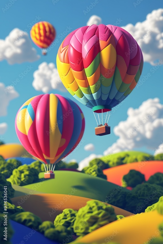 Fototapeta premium Cartoonish hot air balloons over a hilly abstract landscape in a 3D style AI generated illustration