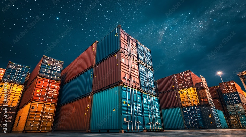 Fototapeta premium Close-up of stacked shipping containers under night sky at a busy port terminal