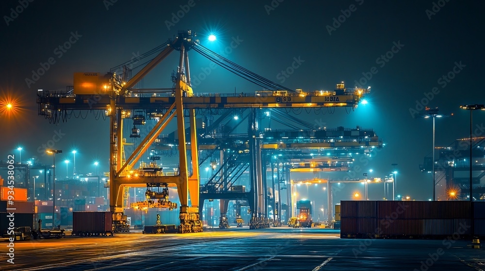 Night operations at a port terminal with cranes working under bright lights Night operations at a port terminal with cranes working under bright lights
