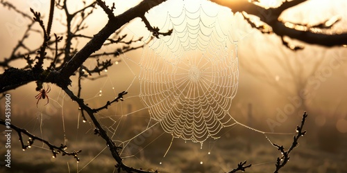 Morning fog with spider web drops and spider on a tree