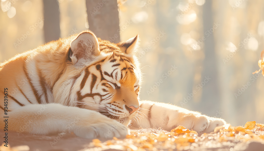 Obraz premium A majestic tiger rests peacefully in a forest clearing, bathed in warm sunlight. Its stripes are prominent, a symbol of power and beauty.