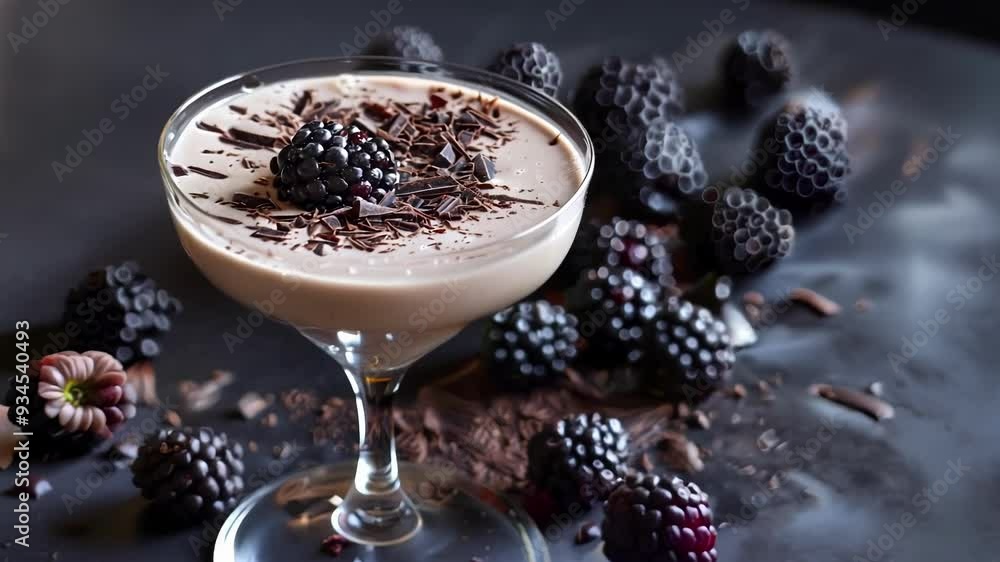 Chocolate dessert with blackberries served in a cocktail glass, garnished with chocolate shavings and surrounded by fresh blackberries Chocolate dessert with blackberries served in a cocktail glass, garnished with chocolate shavings and surrounded by fresh blackberries