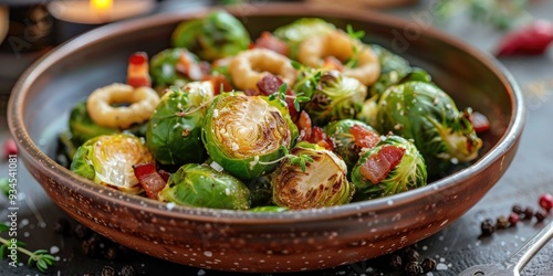 High resolution image of Brussels sprouts with onion rings and bacon in a bohemian bowl hyper realistic detail and sharp focus