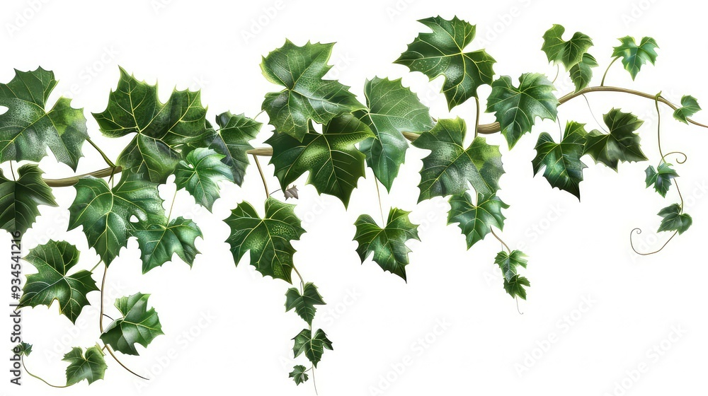 A vine with dark green leaves, some of the leaves have water droplets on them. The vine is depicted against a white background. A vine with dark green leaves, some of the leaves have water droplets on them. The vine is depicted against a white background.