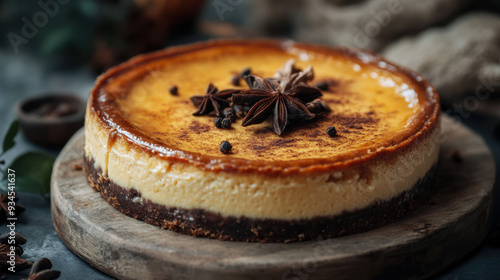 Autumnal spiced cheesecake, well done burnt basque topping and crust with anise and spices powdered on top, yellow and brown caramelization photo